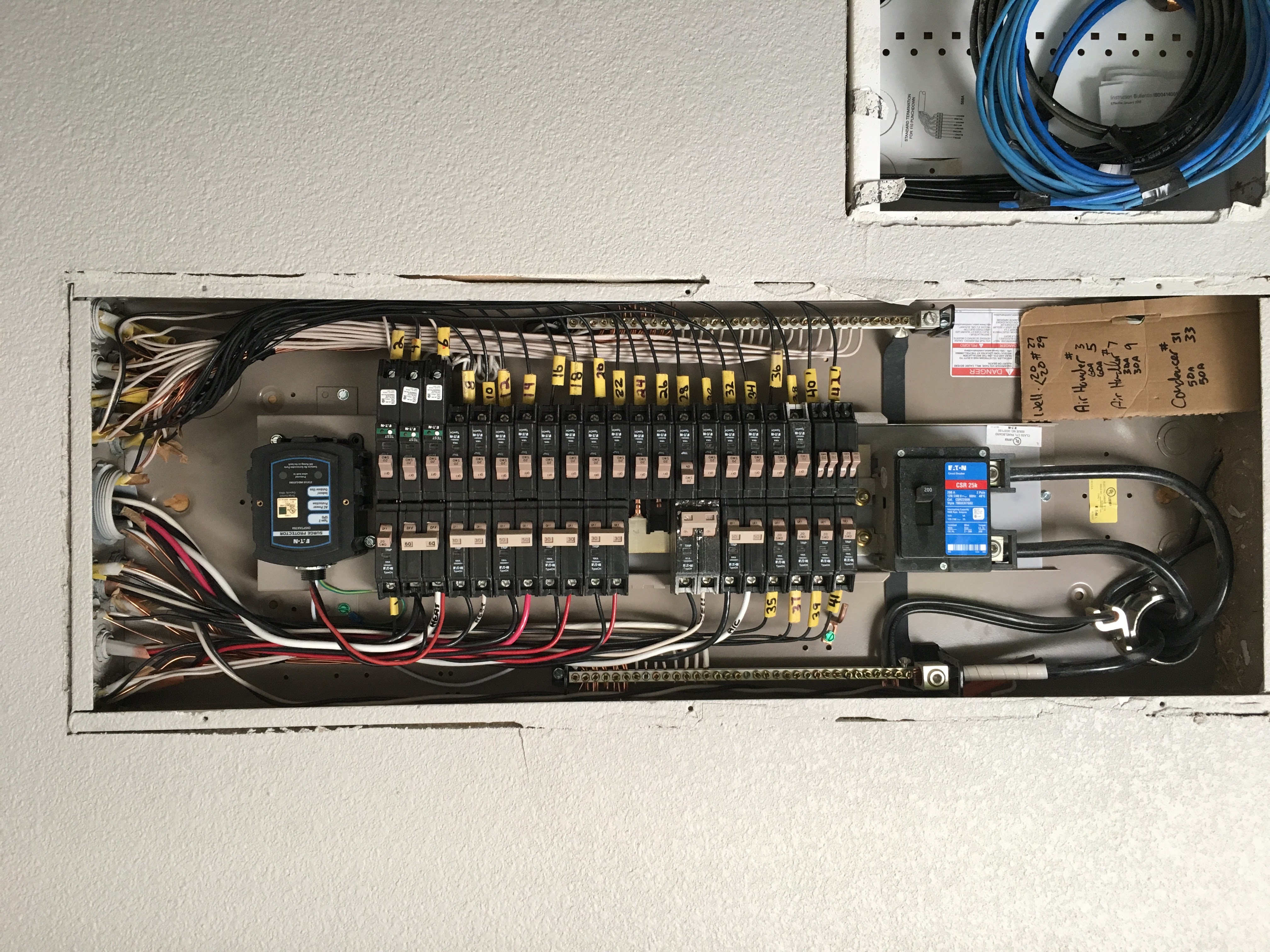 Open electrical panel with labeled breakers and organized wiring after a repair by Xtreme Electric in Stephenville, TX.