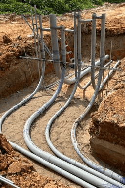 Underground electrical conduit trenching at a new construction site near Stephenville, TX.